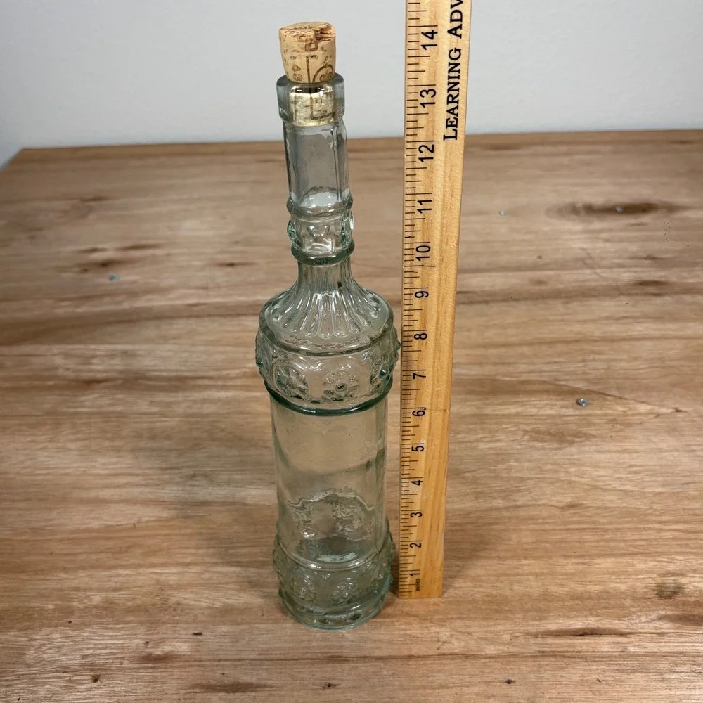 Vintage Embossed Floral Glass Bottle with Cork Stopper Tall Decorative Decanter